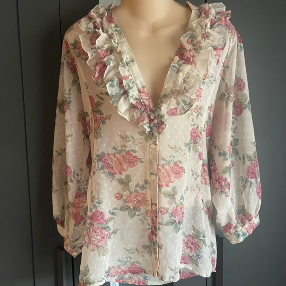 Floral Ruffle Blouse - Pink and Green